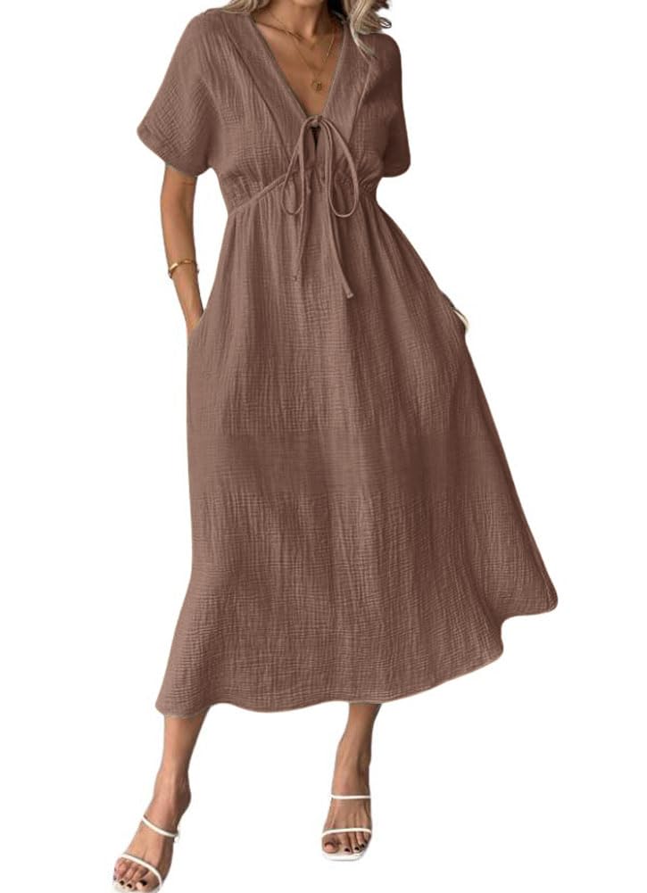 Limited time sale🔥Women's V-Neck Tie Waist Short Sleeve Midi Dress with Pockets