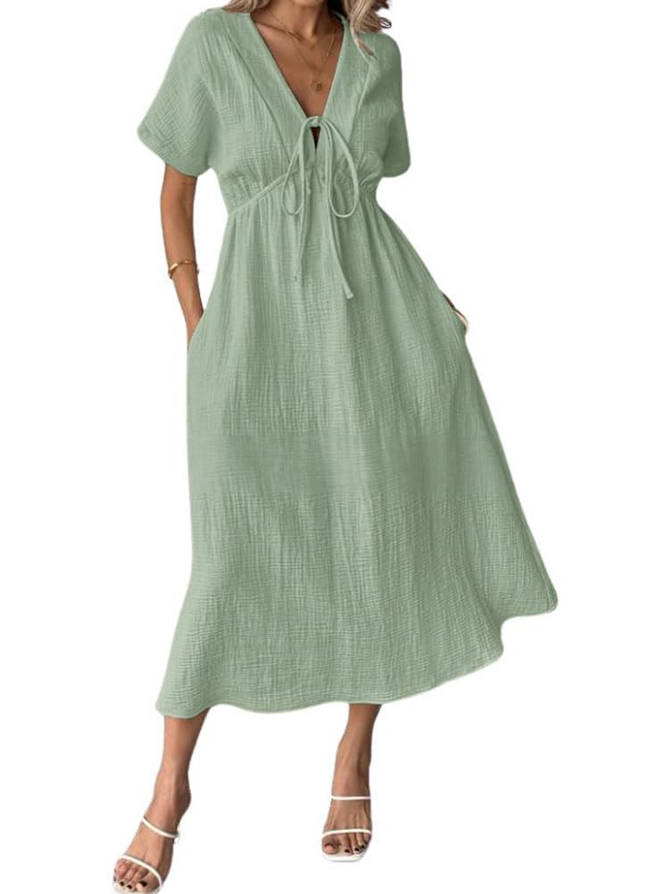 Limited time sale🔥Women's V-Neck Tie Waist Short Sleeve Midi Dress with Pockets