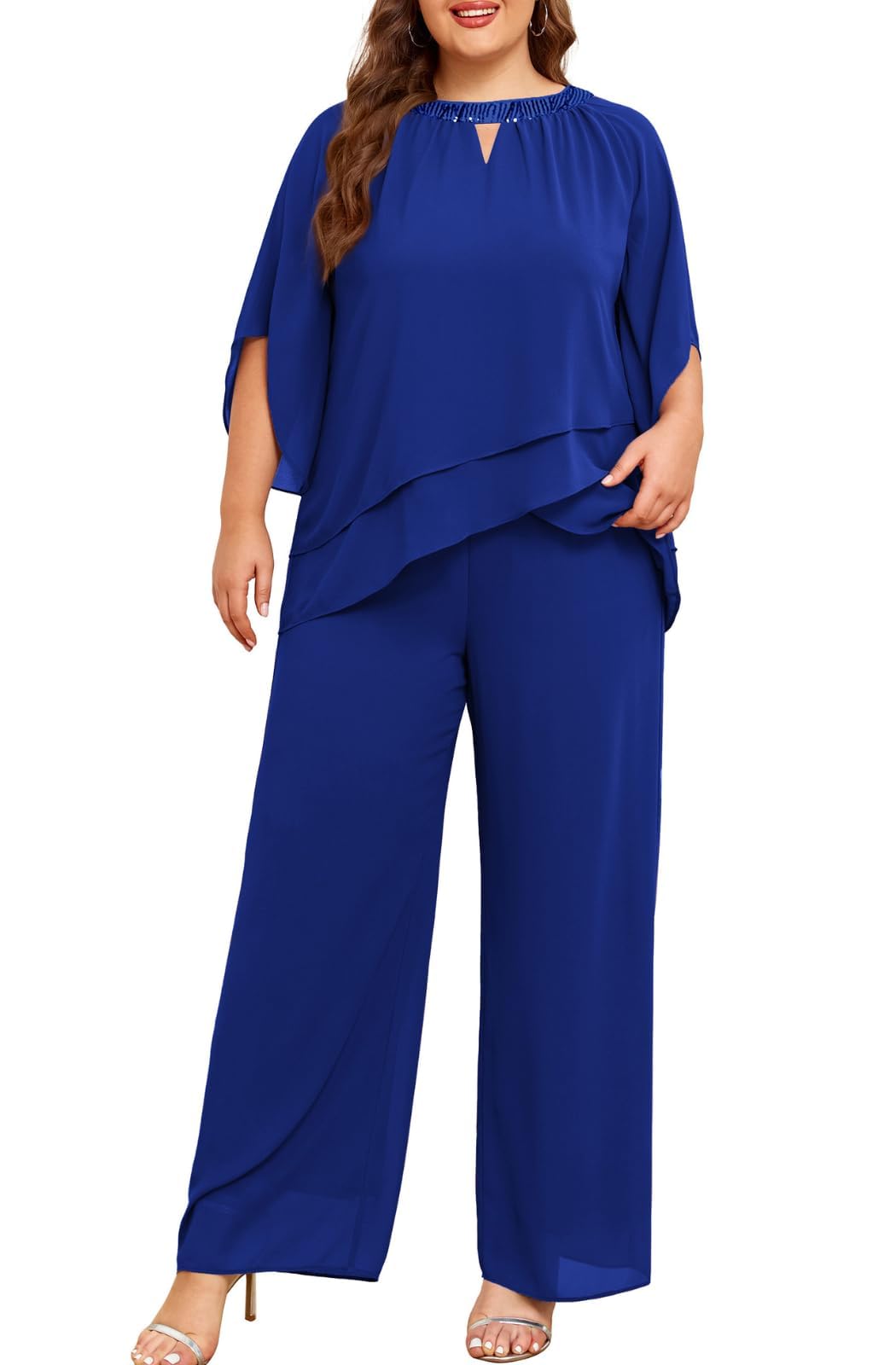 Half Sleeve Chiffon 2-Piece Pant Suit
