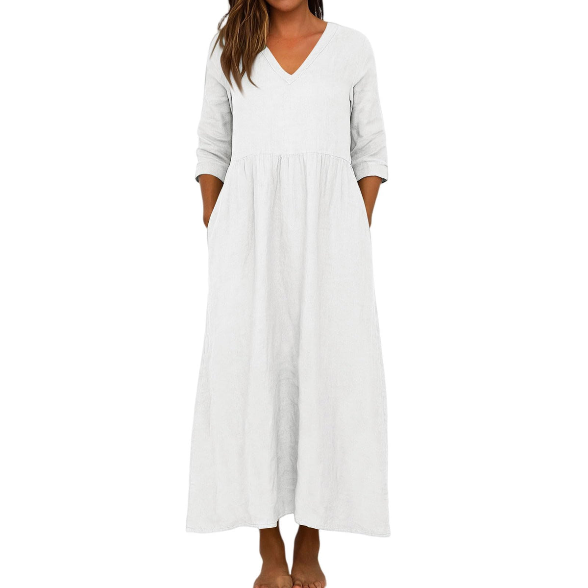 Women's Cotton Linen V-Neck Pocket Maxi Dress