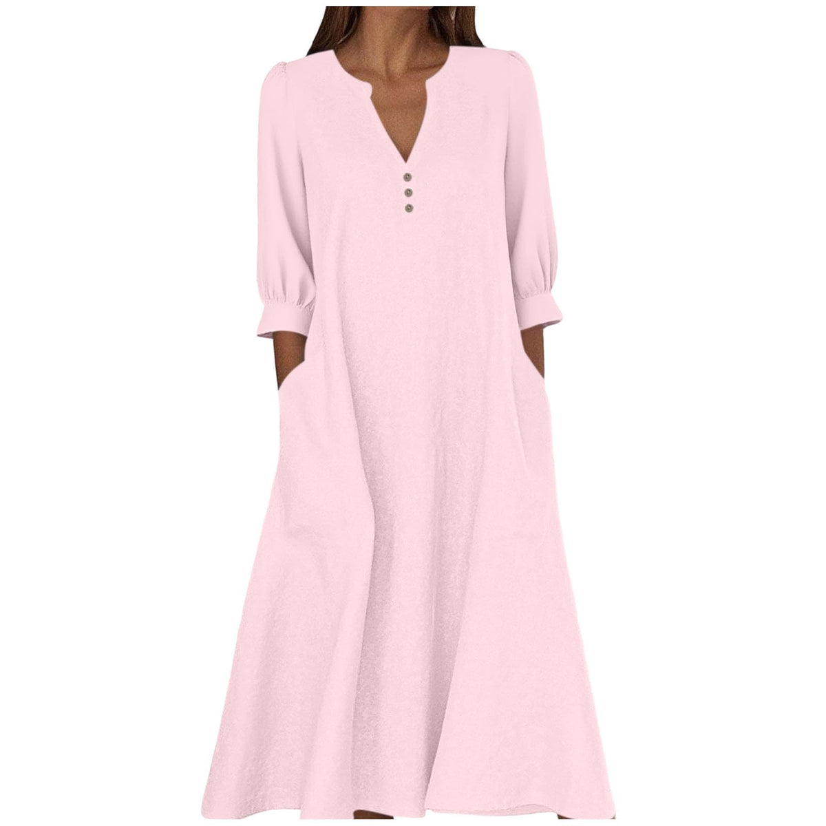 Women's Cotton Linen V-Neck 3/4 Sleeve Pocket Maxi Dress
