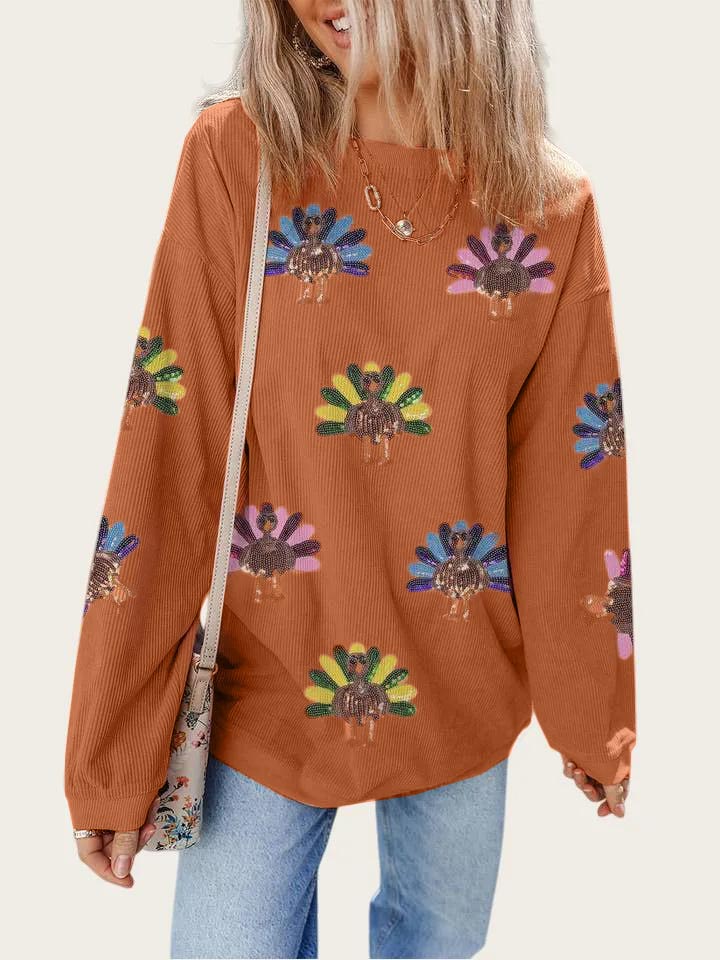 Limited time sale🔥Sequin Turkey Patch Thanksgiving Corduroy Sweatshirt