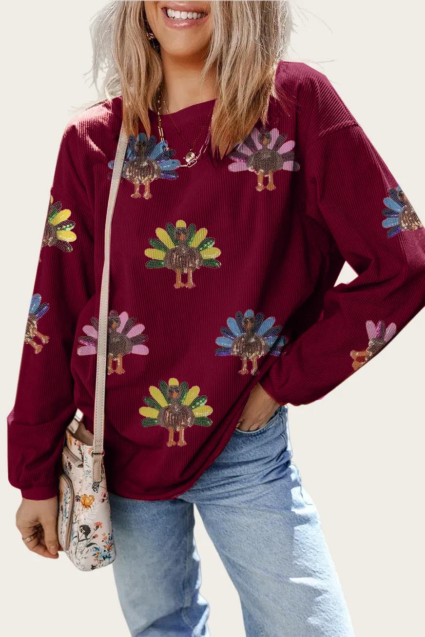 Limited time sale🔥Sequin Turkey Patch Thanksgiving Corduroy Sweatshirt