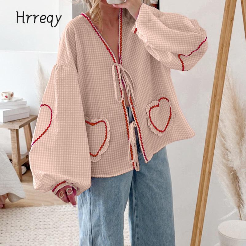 Women Long Sleeve Shirts Heart Embroidery Plaid Front Bowknot Tie-Up Blouses