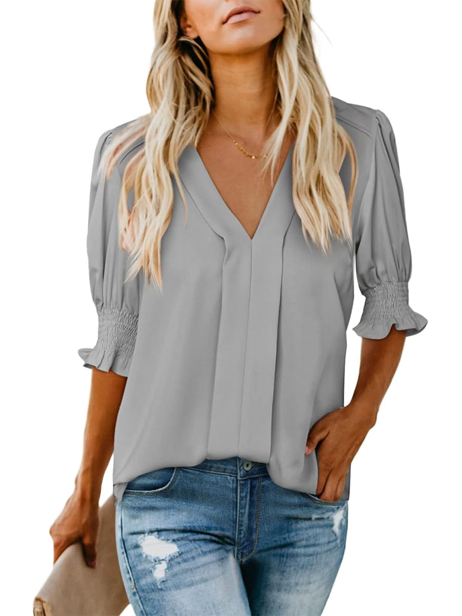 Limited time sale🔥Women's V Neck Dressy Puff Ruffle Blouse Casual Short Sleeve Tops