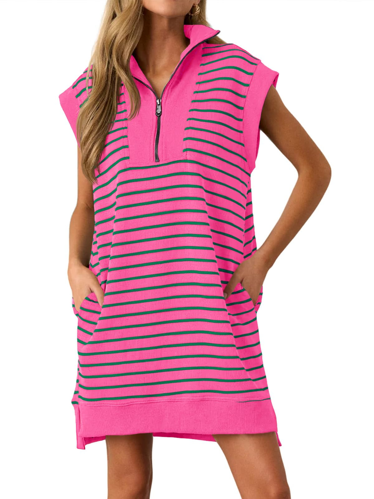 Limited time sale🔥Women's Striped Casual Zipper Cap Sleeve Mini Dress