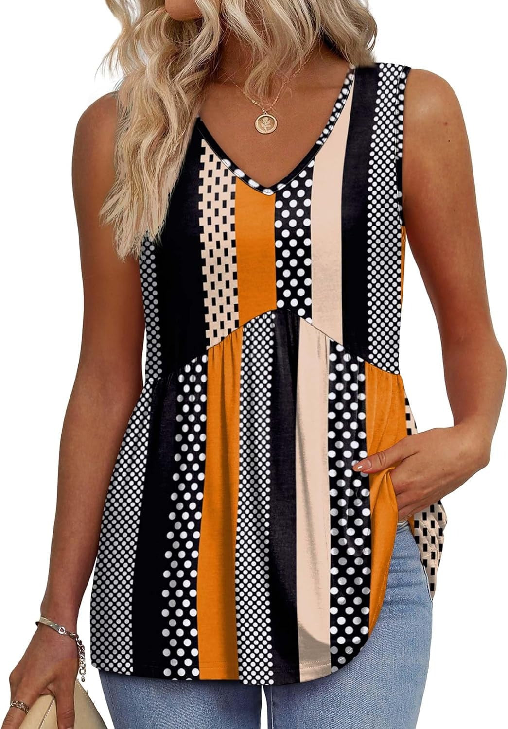 Limited time sale🔥Women's Print Flowy Sleeveless V Neck Peplum Tank Tops