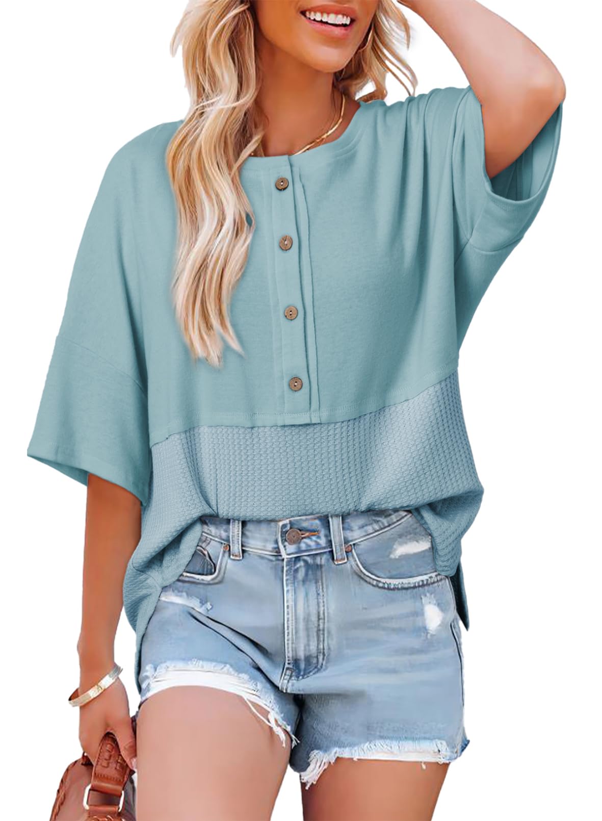 Limited time sale🔥Women's 3/4 Sleeve Casual Button Down Waffle Knit Tops