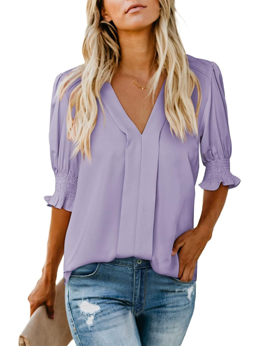 Limited time sale🔥Women's V Neck Dressy Puff Ruffle Blouse Casual Short Sleeve Tops