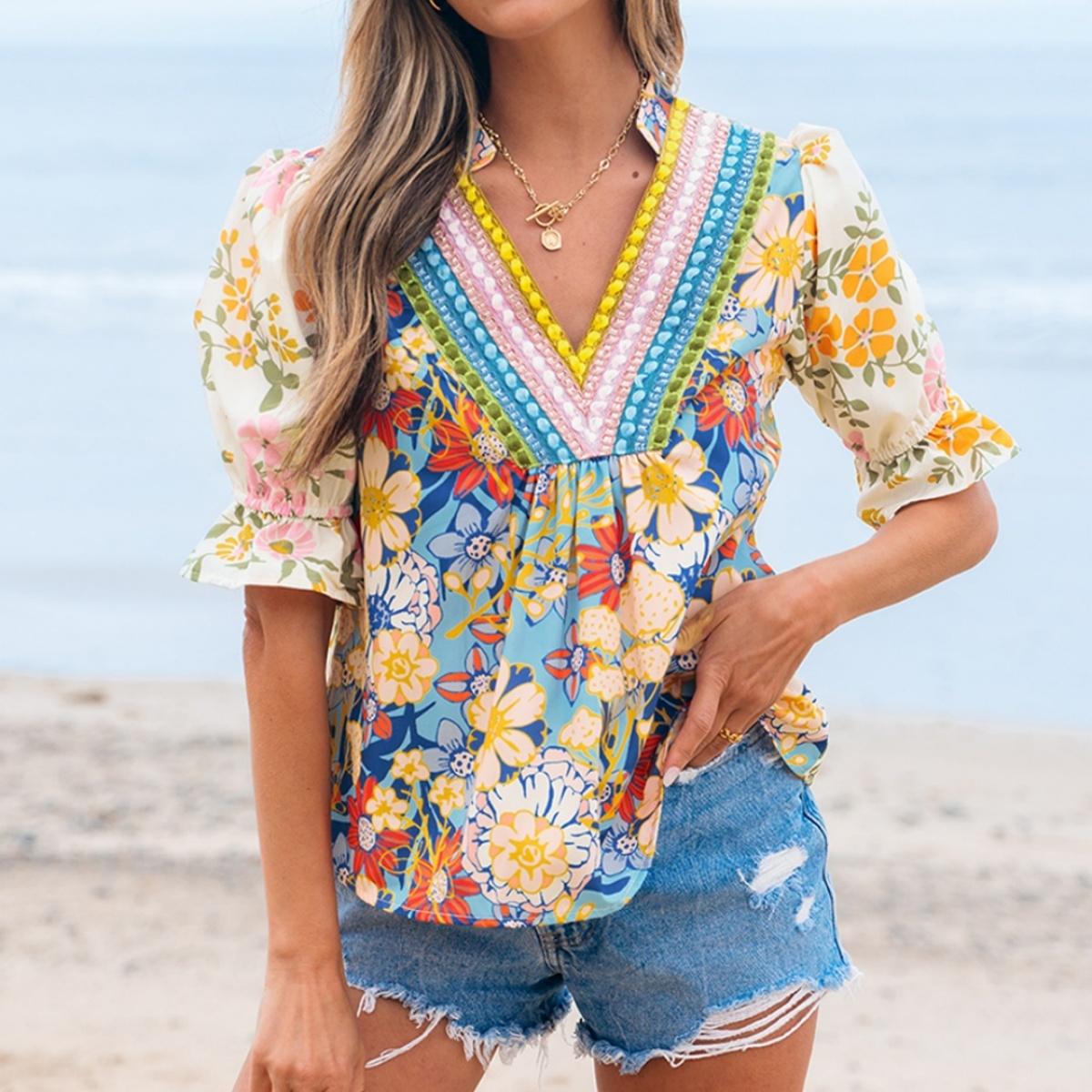 Women's Boho Floral V-Neck Puff Sleeve Blouse