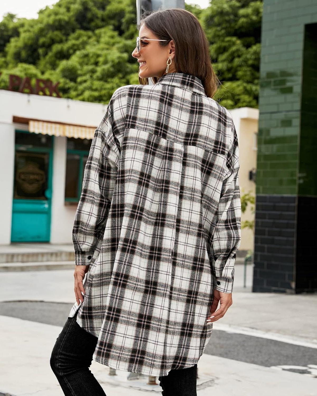 Women's Button Down Flannel Shirts Plaid Shacket Collared Long Jacket Coats
