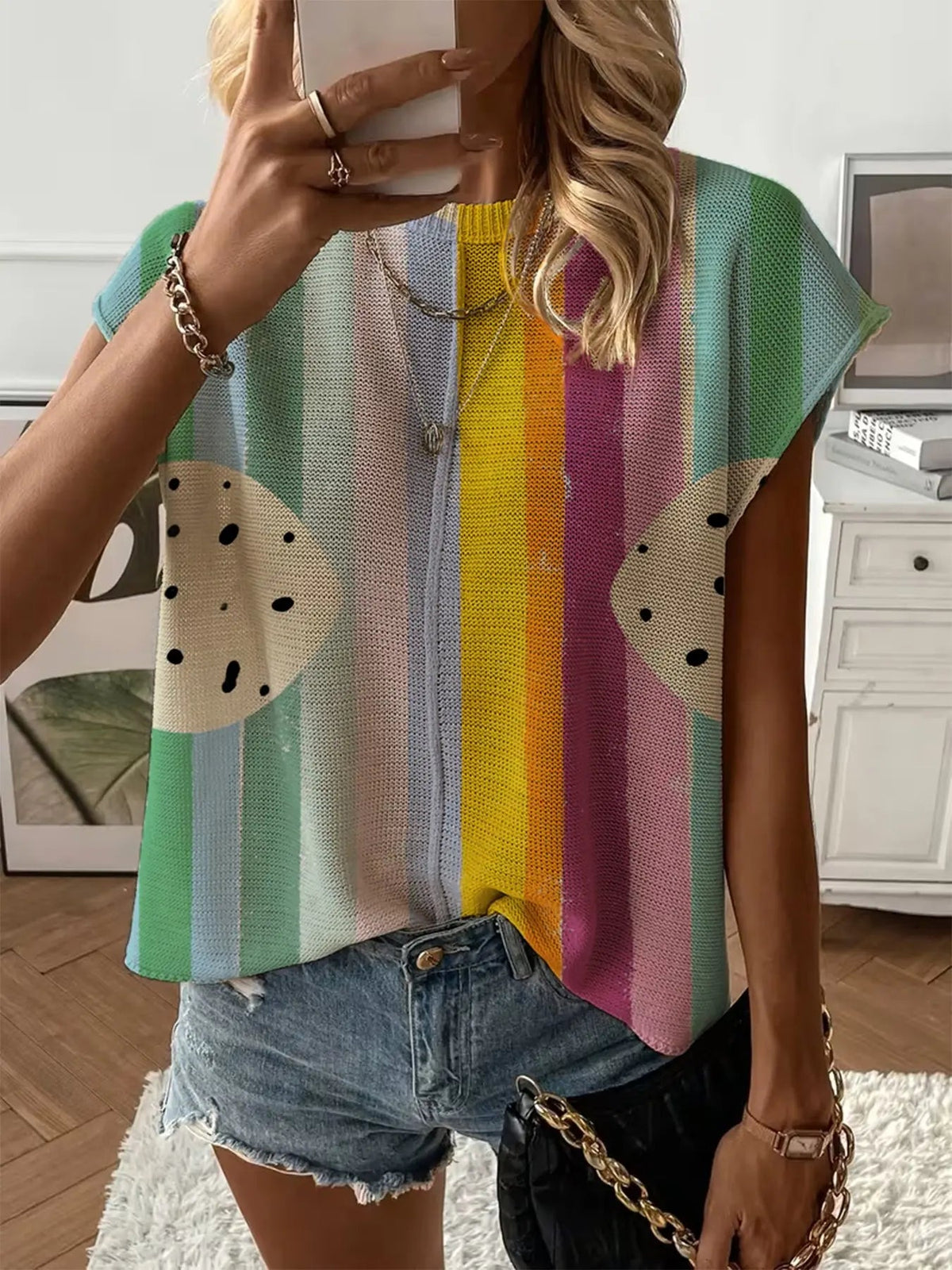Women's Crew Neck Drop-shoulder Loose Fit Contrast Splicing Print Knit Top