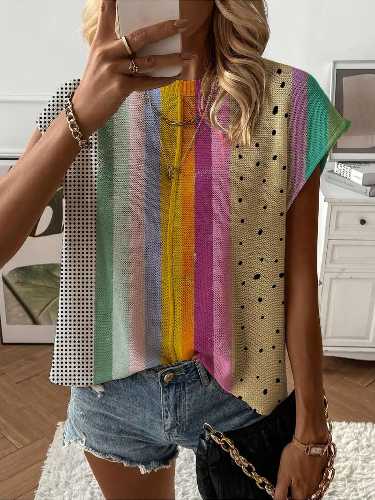 Women's Crew Neck Drop-shoulder Loose Fit Contrast Splicing Print Knit Top