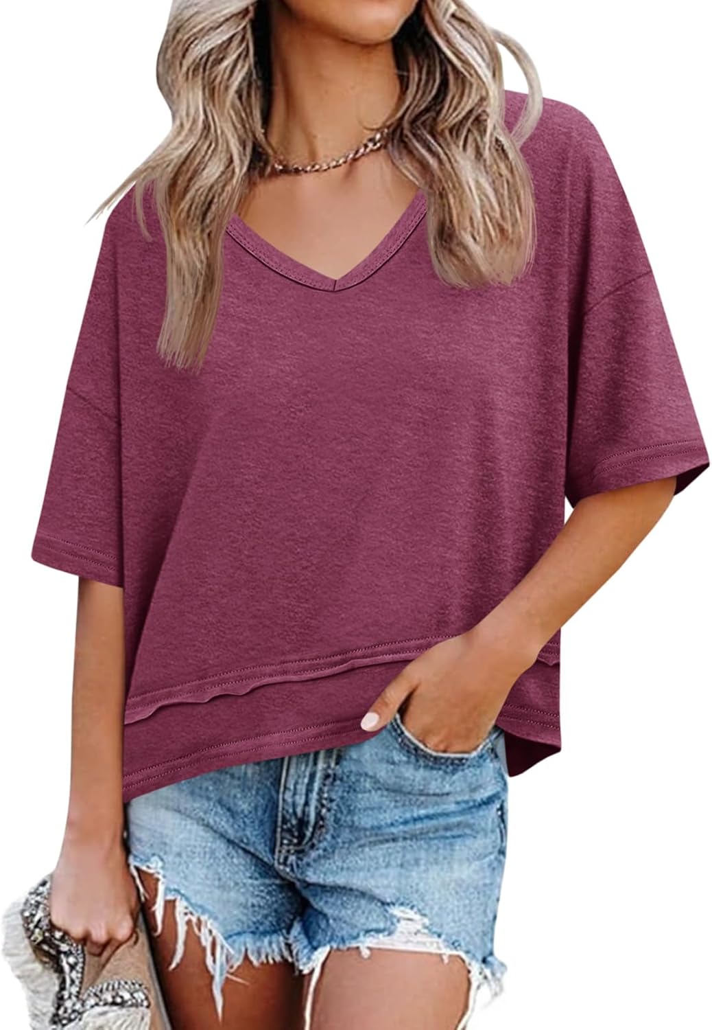 Limited time sale🔥Women's V-neck Mid-length Sleeve Spliced Hem Basic Top
