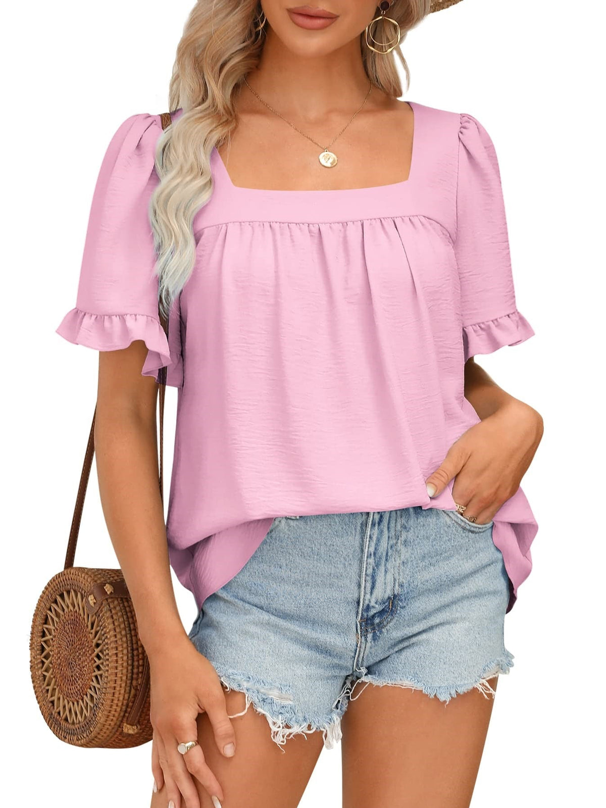 Limited time sale🔥Women's Sqaure Neck Ruffle Sleeve Blouses Peplum Tops