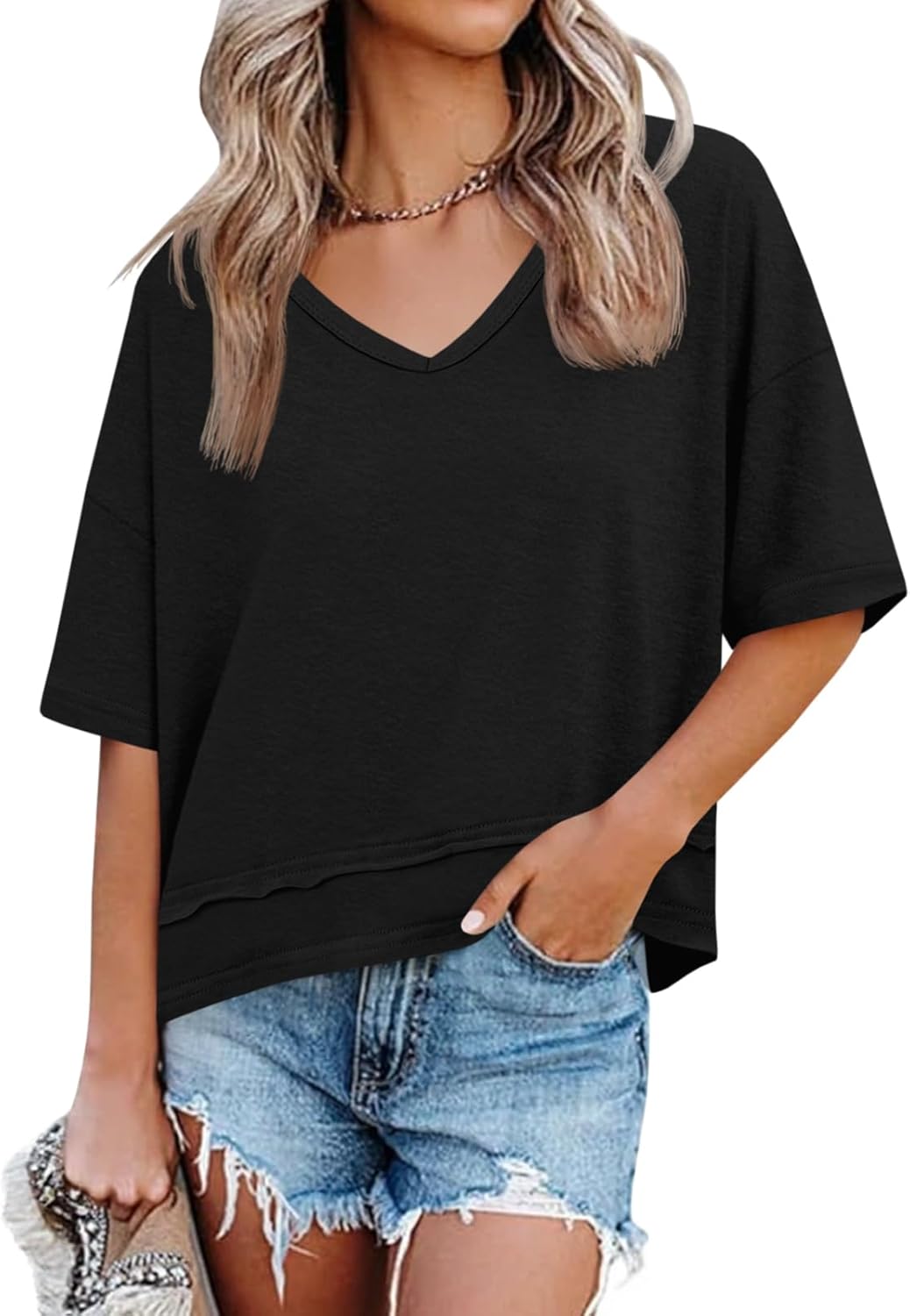 Limited time sale🔥Women's V-neck Mid-length Sleeve Spliced Hem Basic Top
