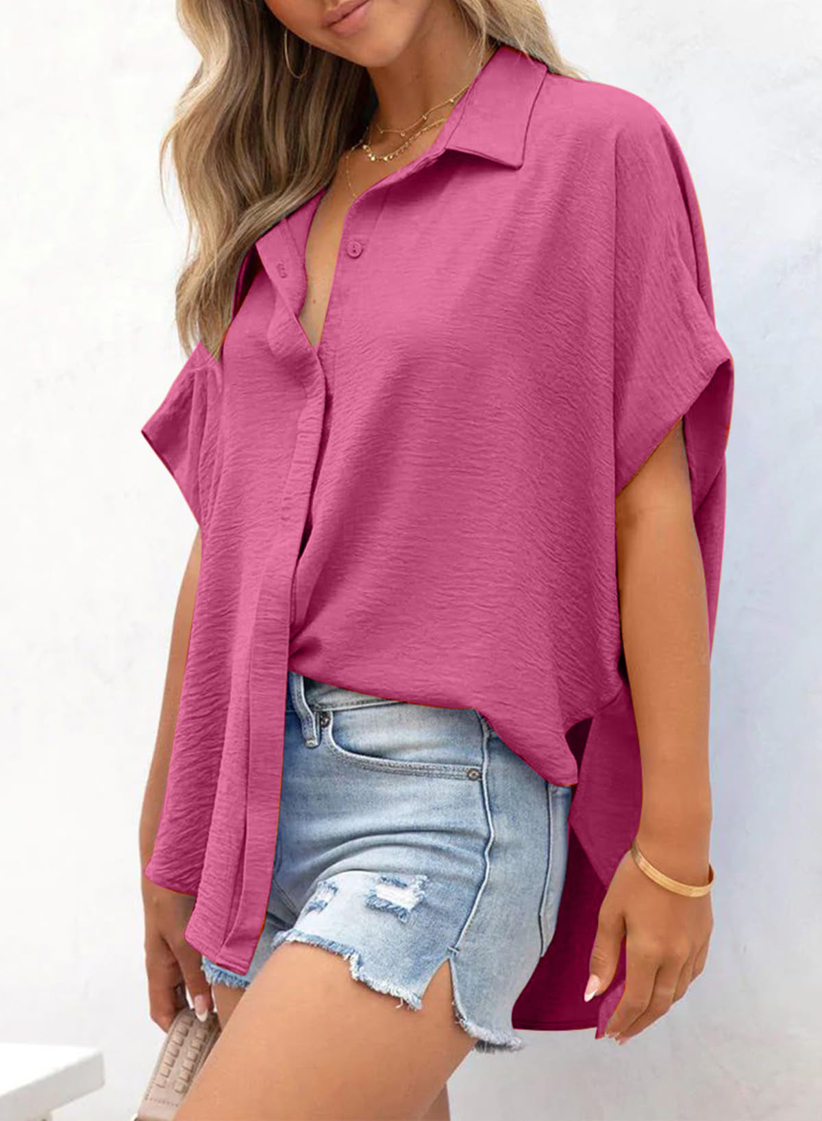 Limited time sale🔥Women's Casual Button Short Sleeve Slit Hem Shirt Solid Color Tops