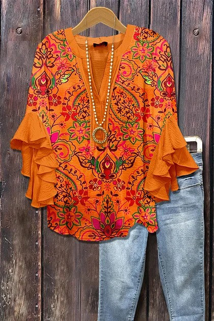 Women's Mixed Floral Print Ruffle Bell Sleeve Top