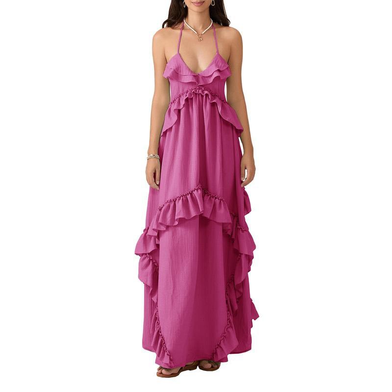 Women Sleeveless Halter Dress Backless Ruffled Summer Swing Dress