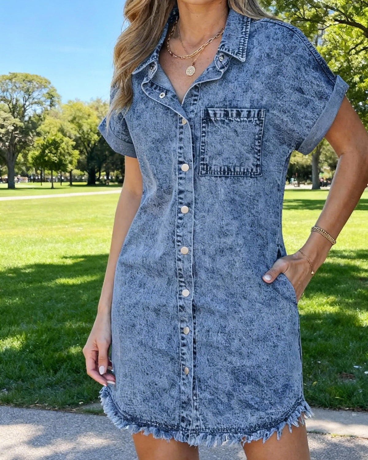 Limited time sale🔥Women's Button Down Frayed Hem Denim Shirt Dresses