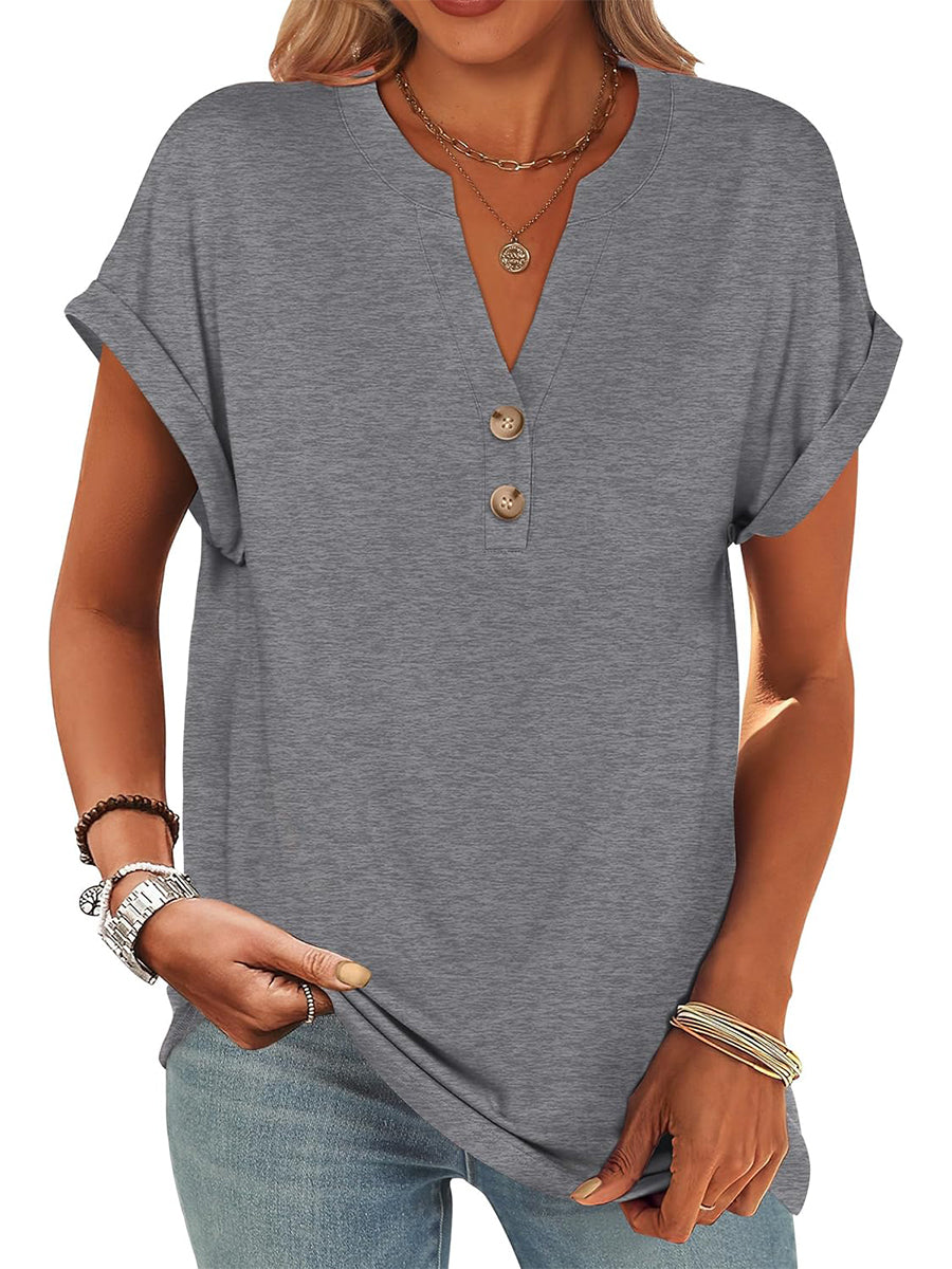 Limited time sale🔥Women's V Neck Button Casual Loose Fit Short Sleeve Henley Tops