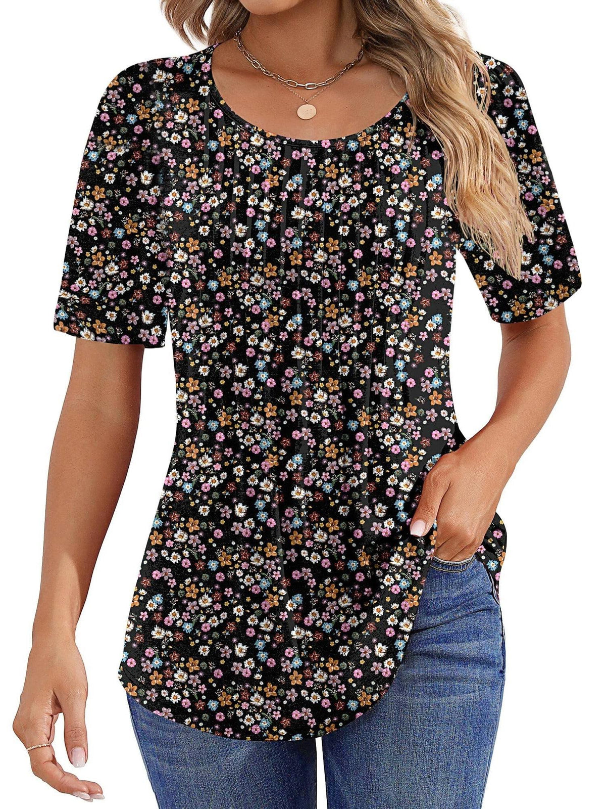Limited time sale🔥Women Summer Pleated Short Sleeve Tunic Blouses Tops