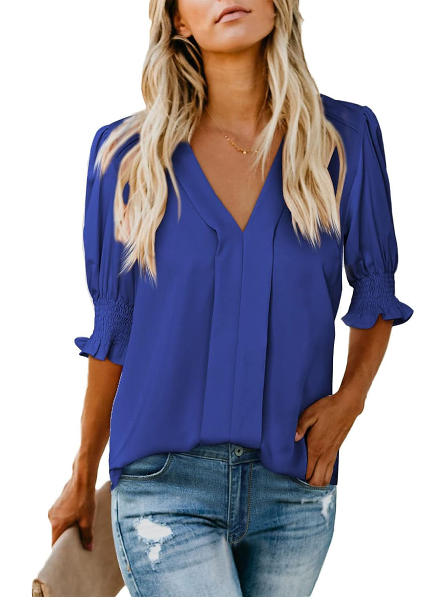 Limited time sale🔥Women's V Neck Dressy Puff Ruffle Blouse Casual Short Sleeve Tops