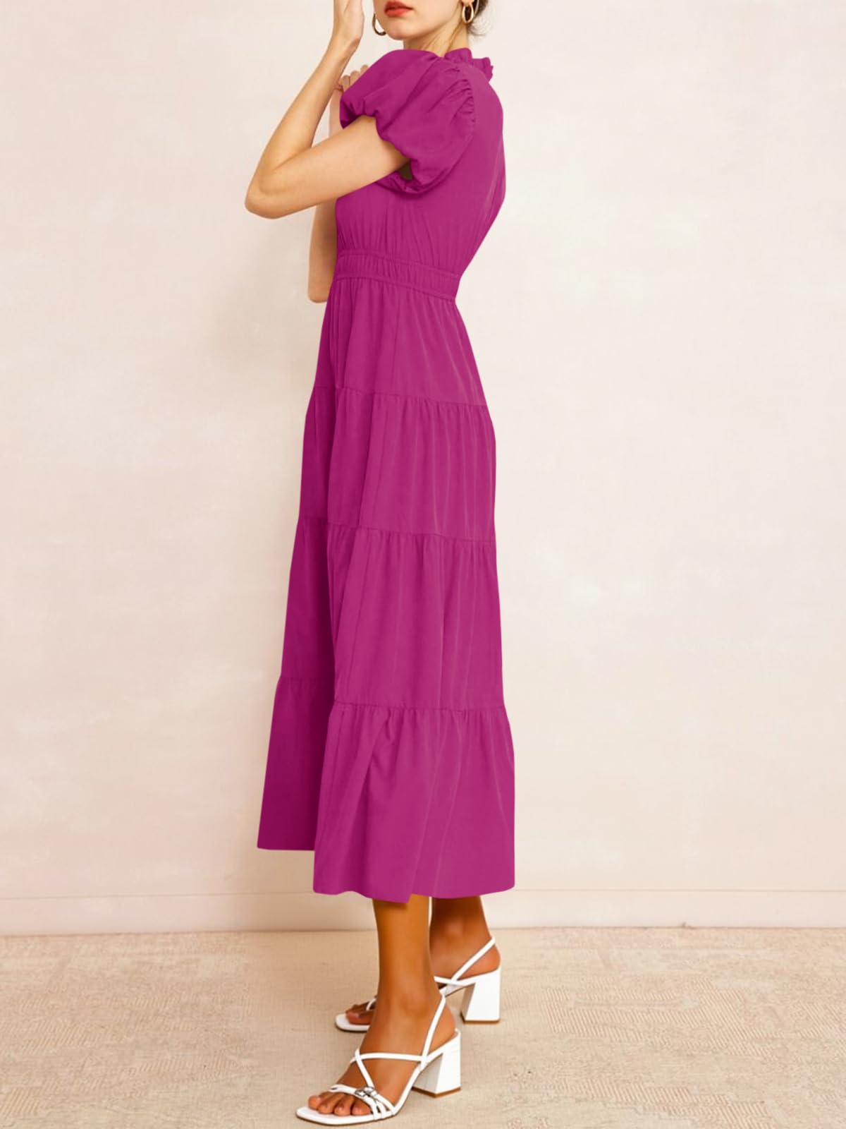 Limited time sale🔥Puff Short Sleeve V Neck Flowy Tiered Beach A-Line Dresses