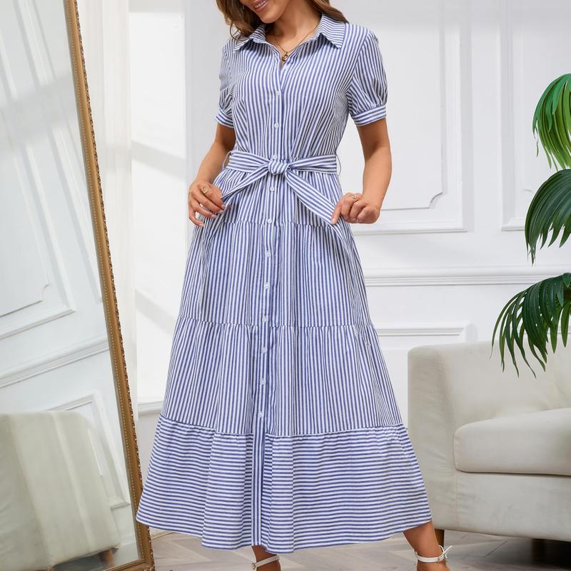 Limited time sale🔥Women Button Down Striped Dress Lapel Collar Short Sleeve Dresses