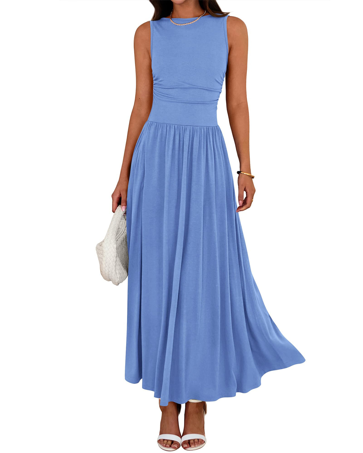 Limited time sale🔥Women's Solid Color Sleeveless Waist Pleated Design Dress with Pockets