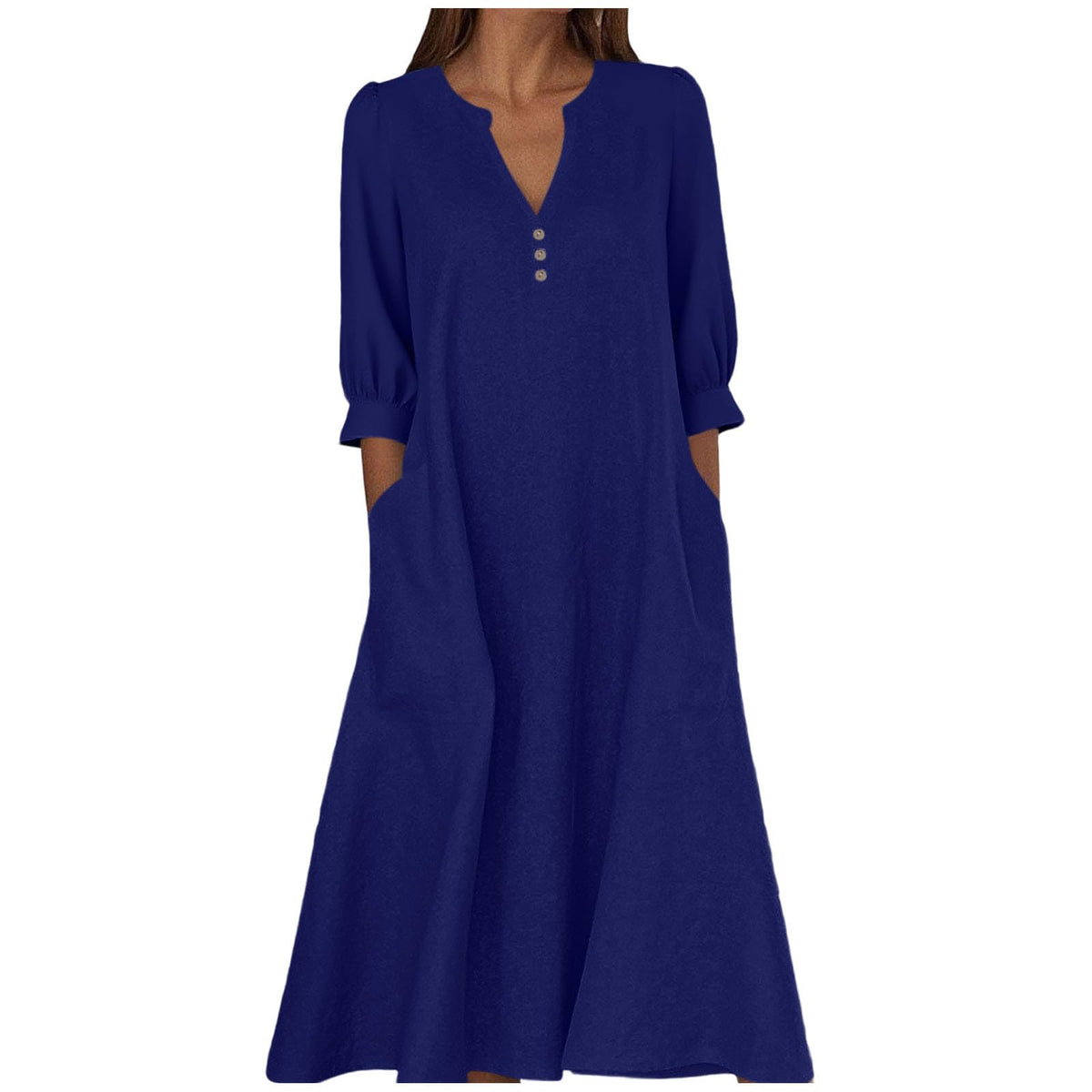 Women's Cotton Linen V-Neck 3/4 Sleeve Pocket Maxi Dress