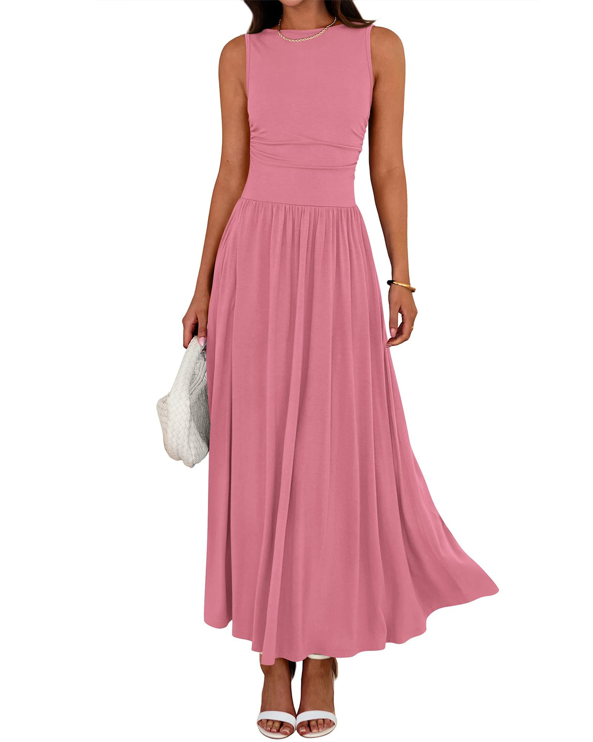 Limited time sale🔥Women's Solid Color Sleeveless Waist Pleated Design Dress with Pockets