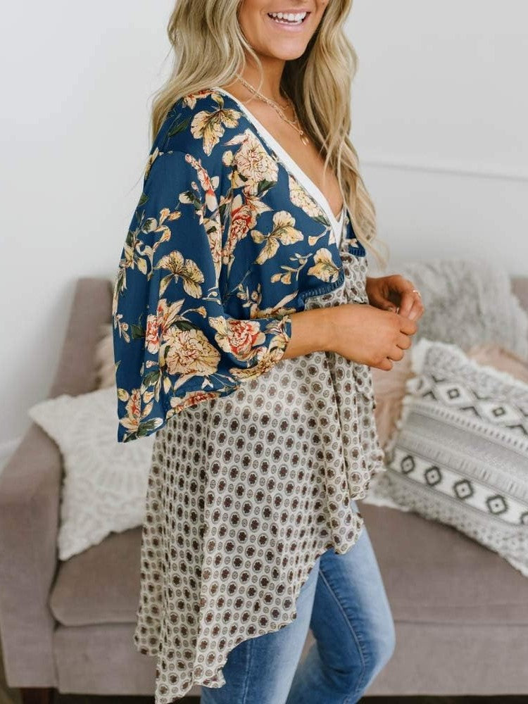 Women's Floral Kimono Ruffle Sleeve Tie Cardigans Flowy Boho Loose Cover Ups