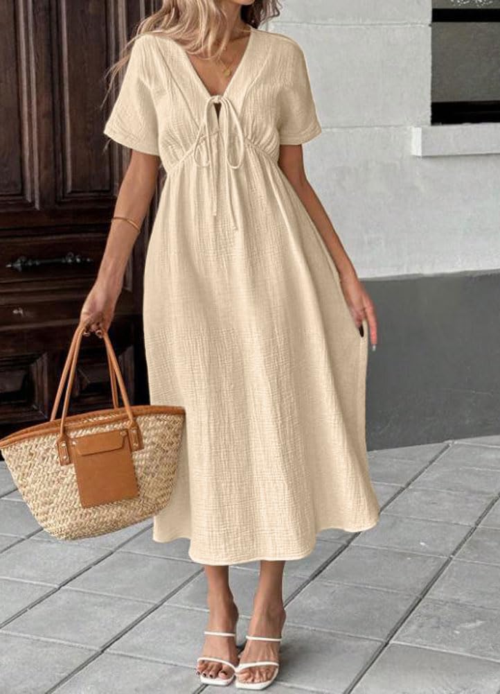Limited time sale🔥Women's V-Neck Tie Waist Short Sleeve Midi Dress with Pockets