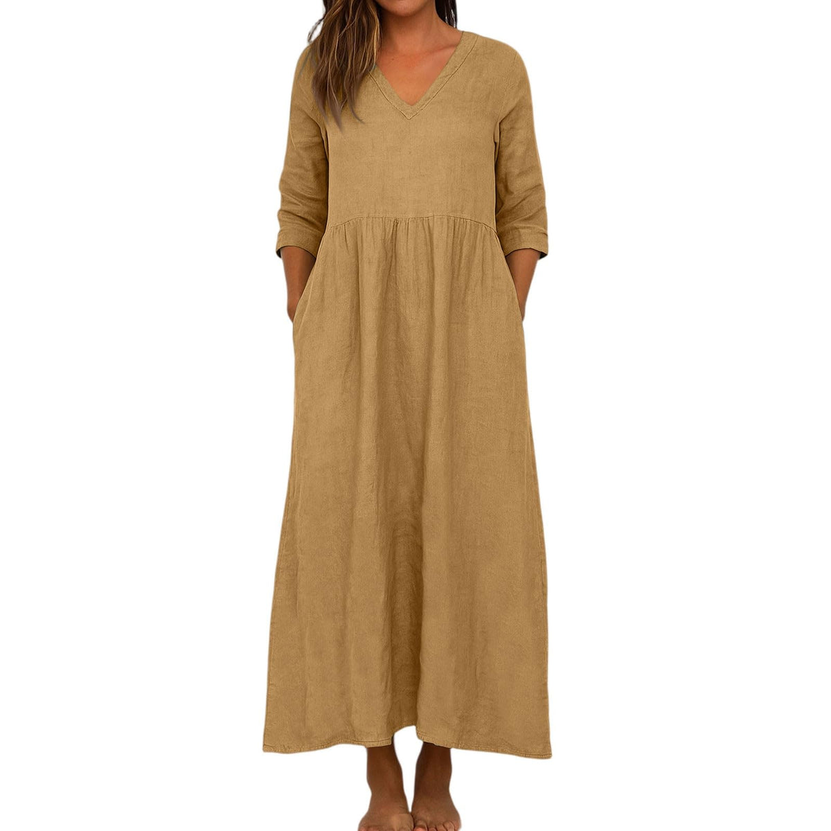 Women's Cotton Linen V-Neck Pocket Maxi Dress