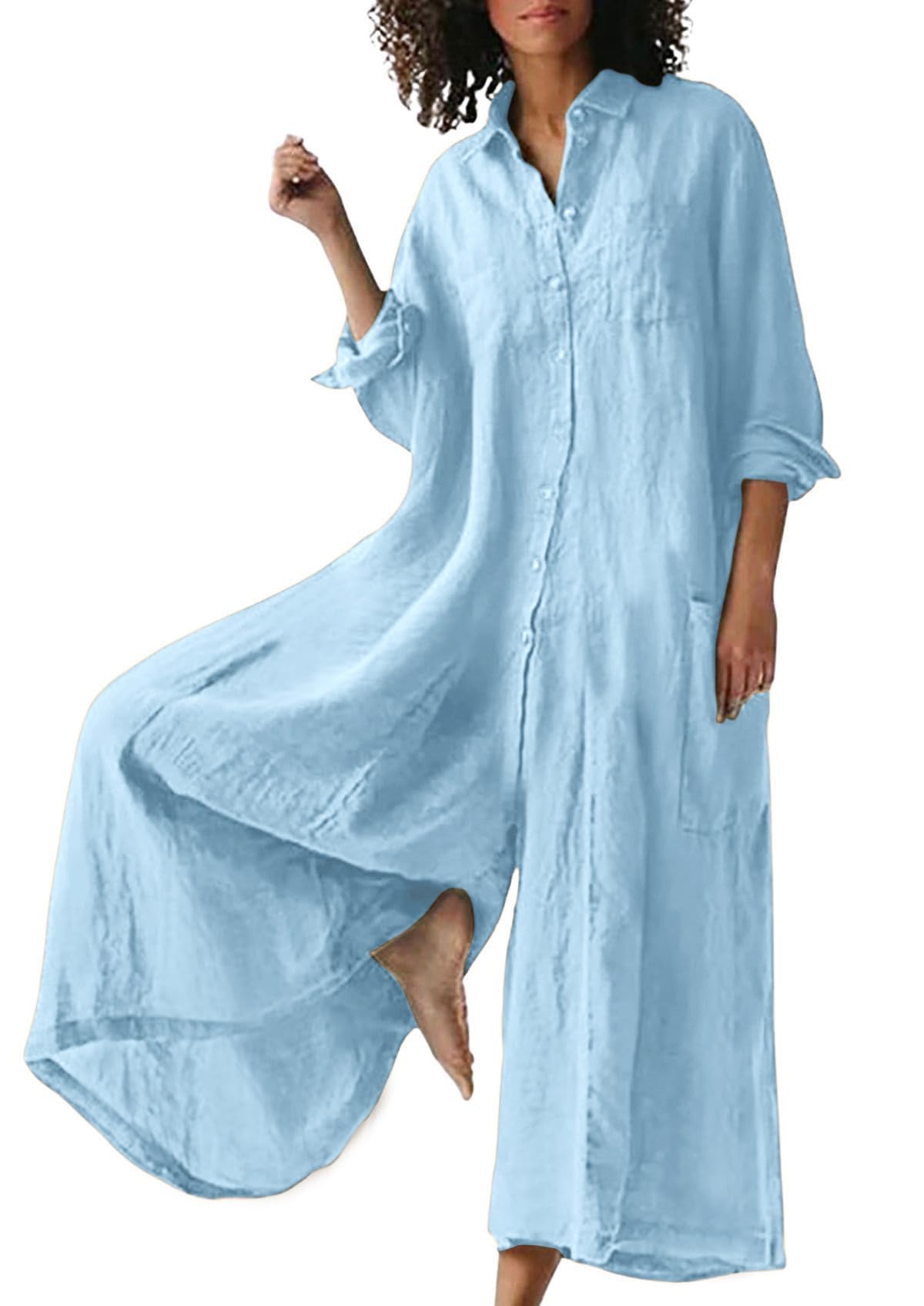 Women's Linen Button Down Long Sleeve Wide Leg Jumpsuit