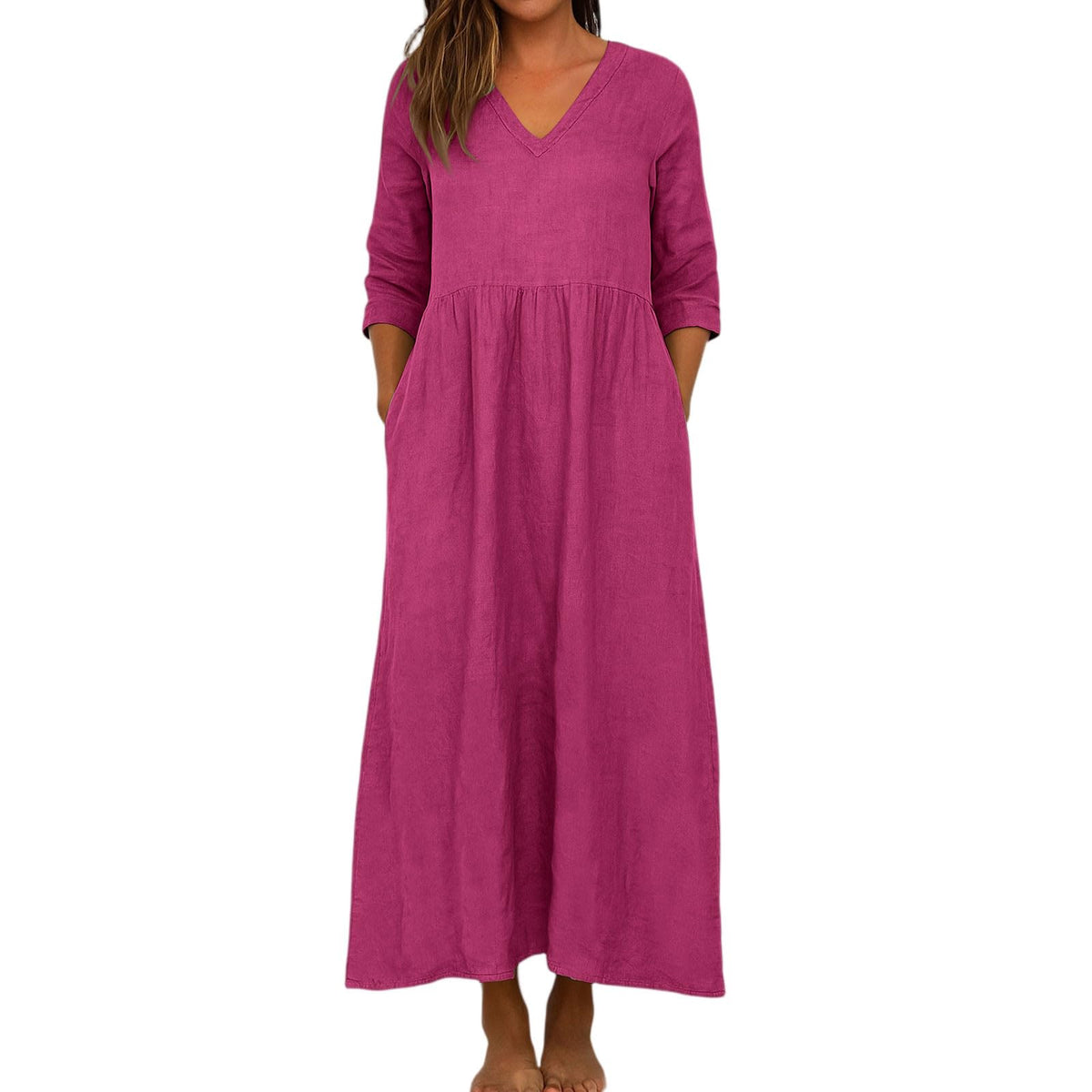 Women's Cotton Linen V-Neck Pocket Maxi Dress