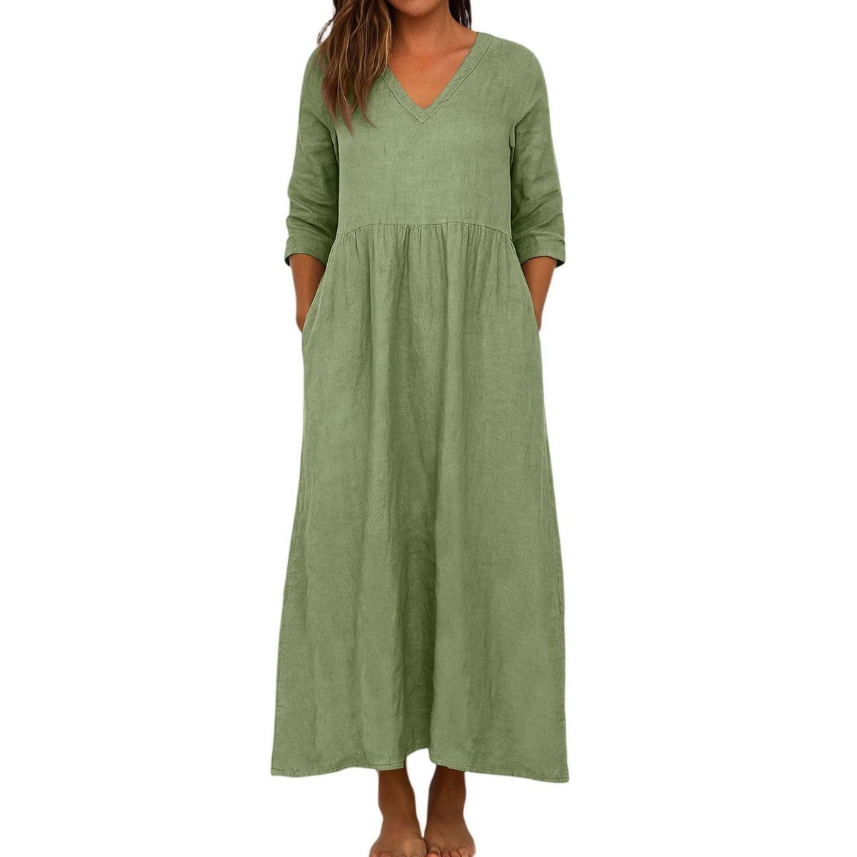 Women's Cotton Linen V-Neck Pocket Maxi Dress