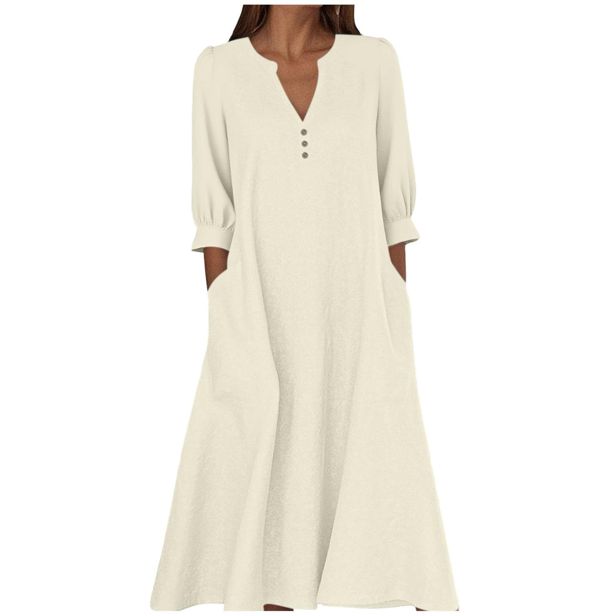 Women's Cotton Linen V-Neck 3/4 Sleeve Pocket Maxi Dress