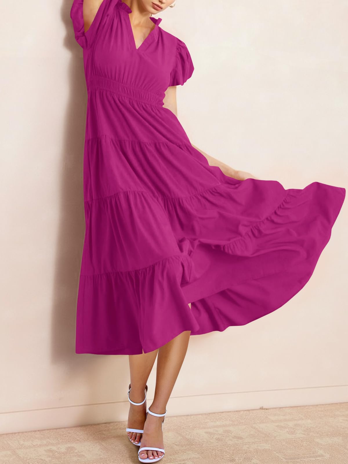 Limited time sale🔥Puff Short Sleeve V Neck Flowy Tiered Beach A-Line Dresses