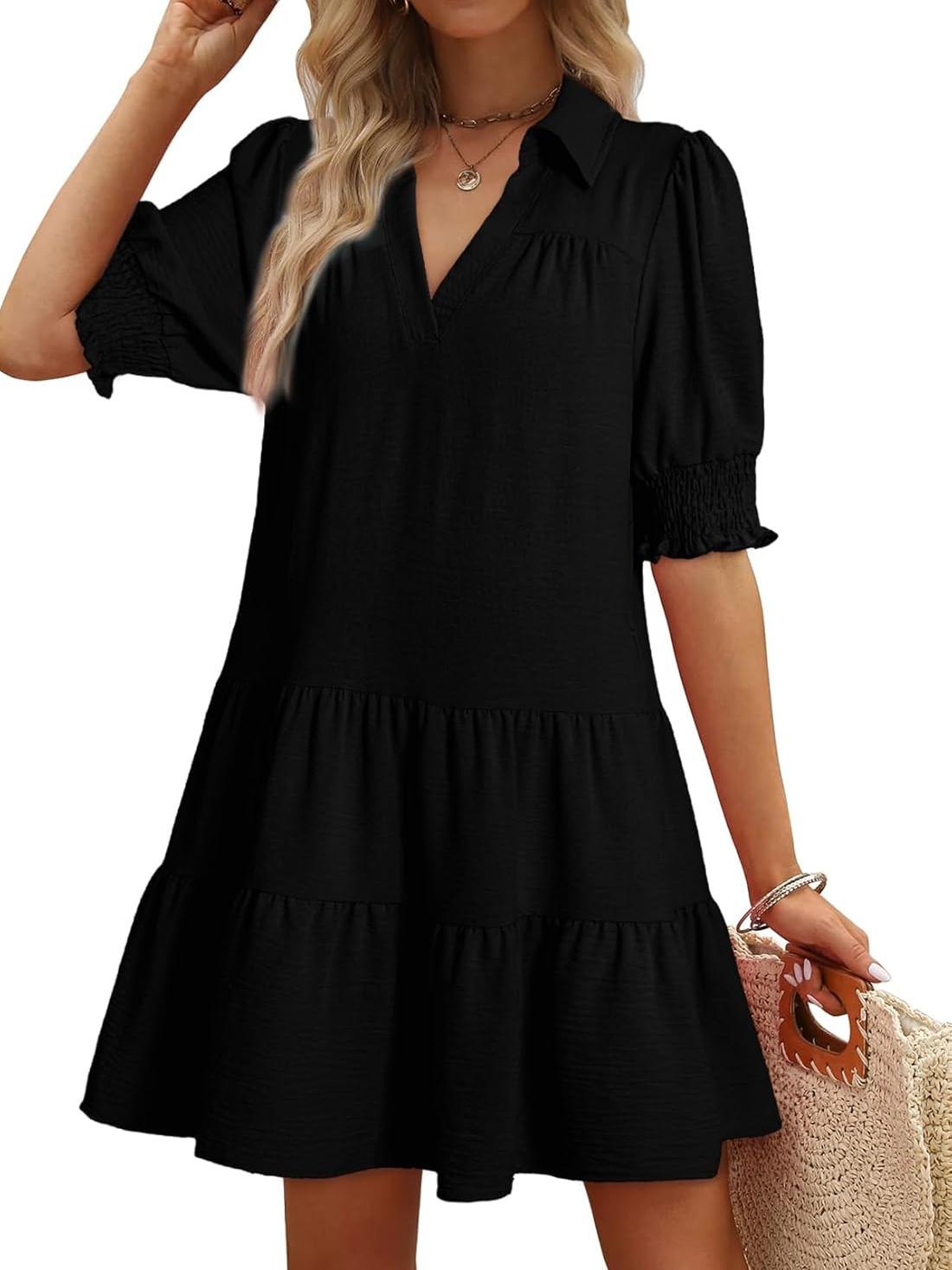 Limited time sale🔥Women's Smocked Sleeve Tiered V-Neck Mini Dress
