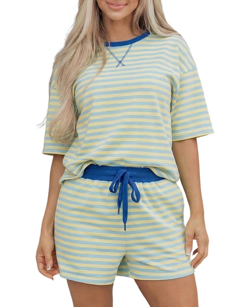Limited time sale🔥Women's Stripe Drop Shoulder Boxy Casual Terry Short Set
