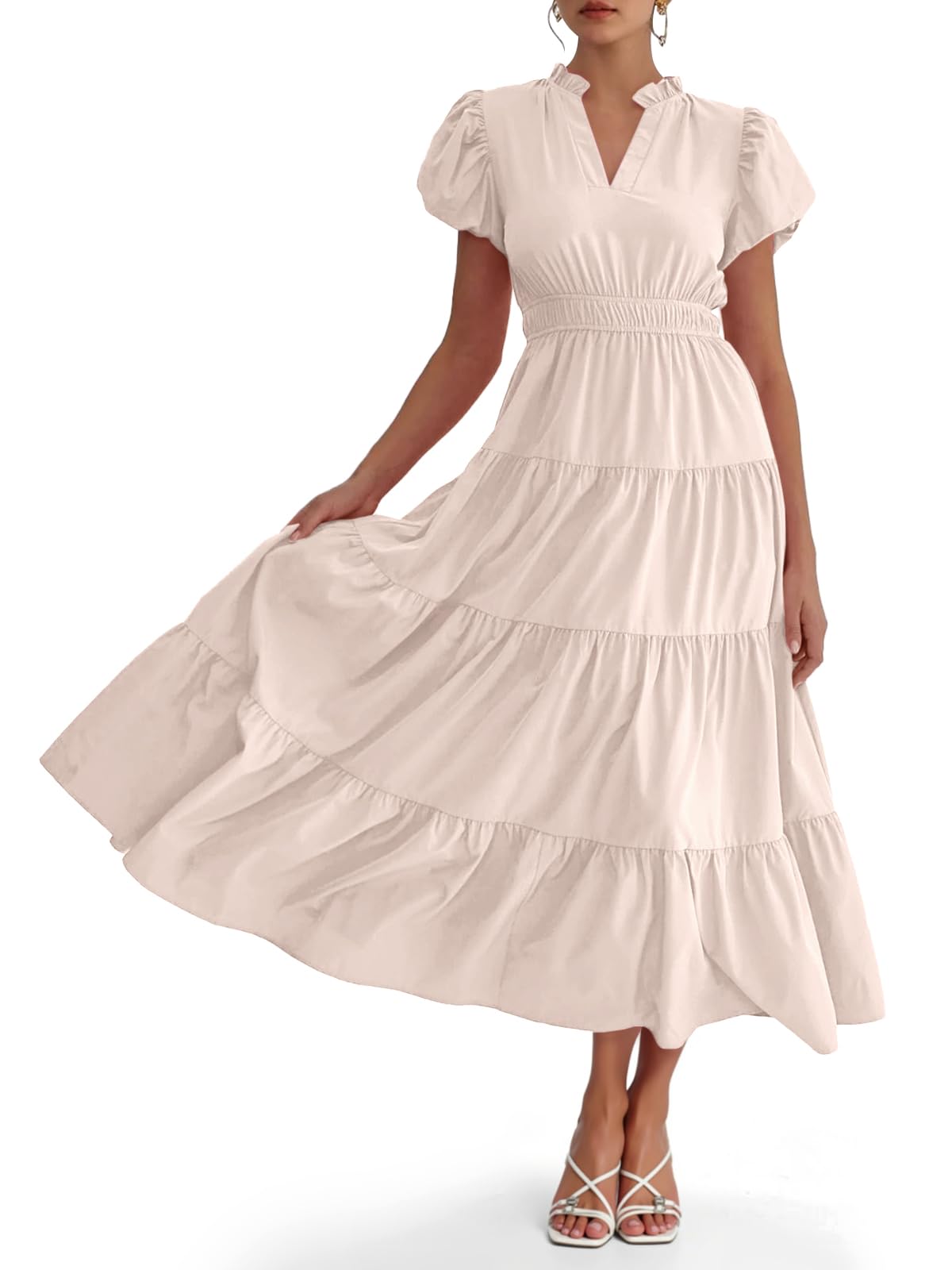 Limited time sale🔥Puff Short Sleeve V Neck Flowy Tiered Beach A-Line Dresses