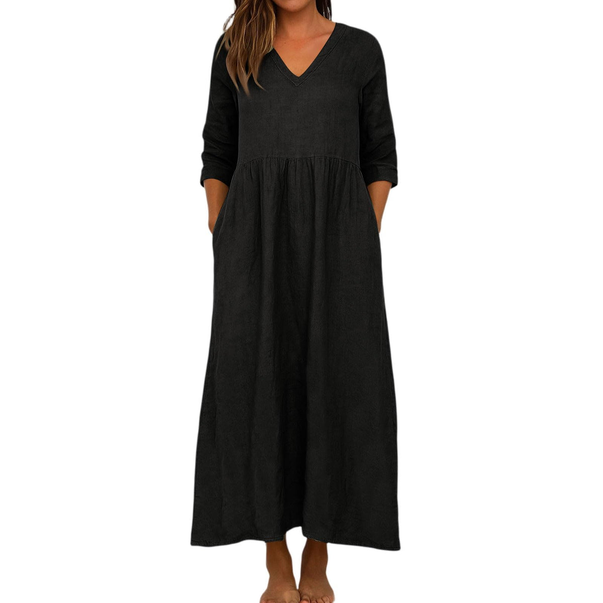 Women's Cotton Linen V-Neck Pocket Maxi Dress