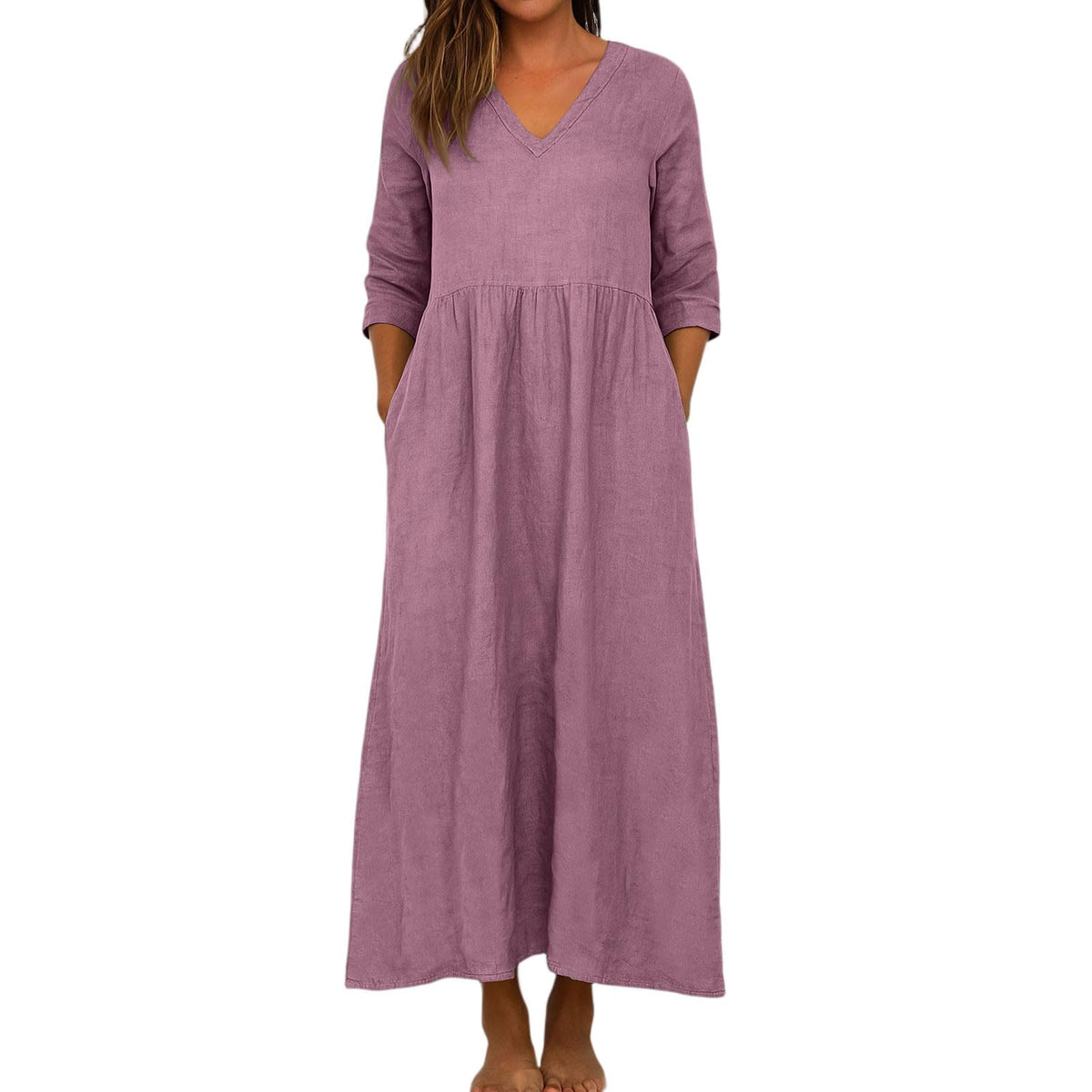 Women's Cotton Linen V-Neck Pocket Maxi Dress