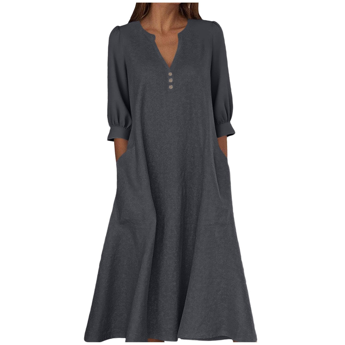 Women's Cotton Linen V-Neck 3/4 Sleeve Pocket Maxi Dress