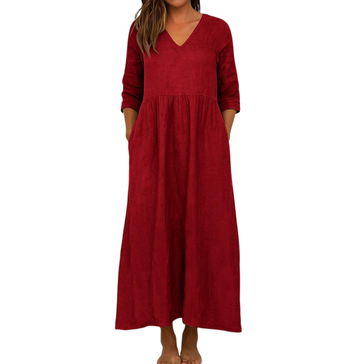 Women's Cotton Linen V-Neck Pocket Maxi Dress