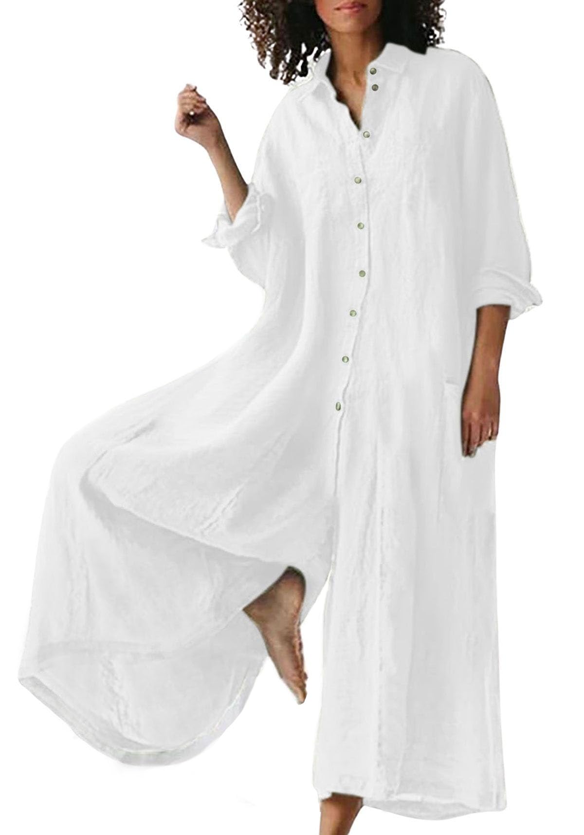 Women's Linen Button Down Long Sleeve Wide Leg Jumpsuit