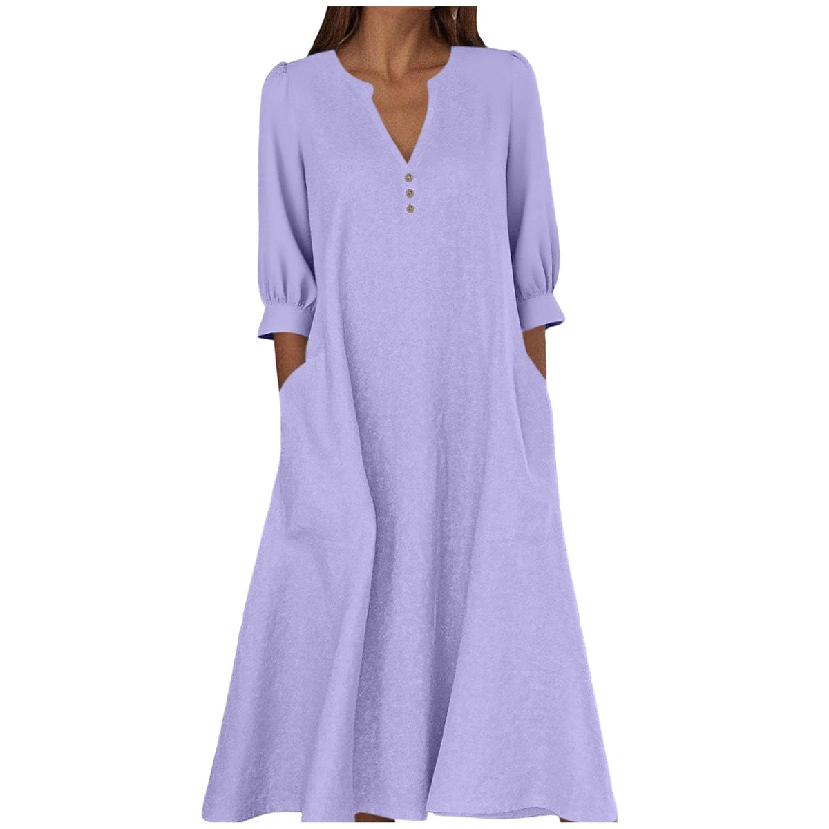 Women's Cotton Linen V-Neck 3/4 Sleeve Pocket Maxi Dress
