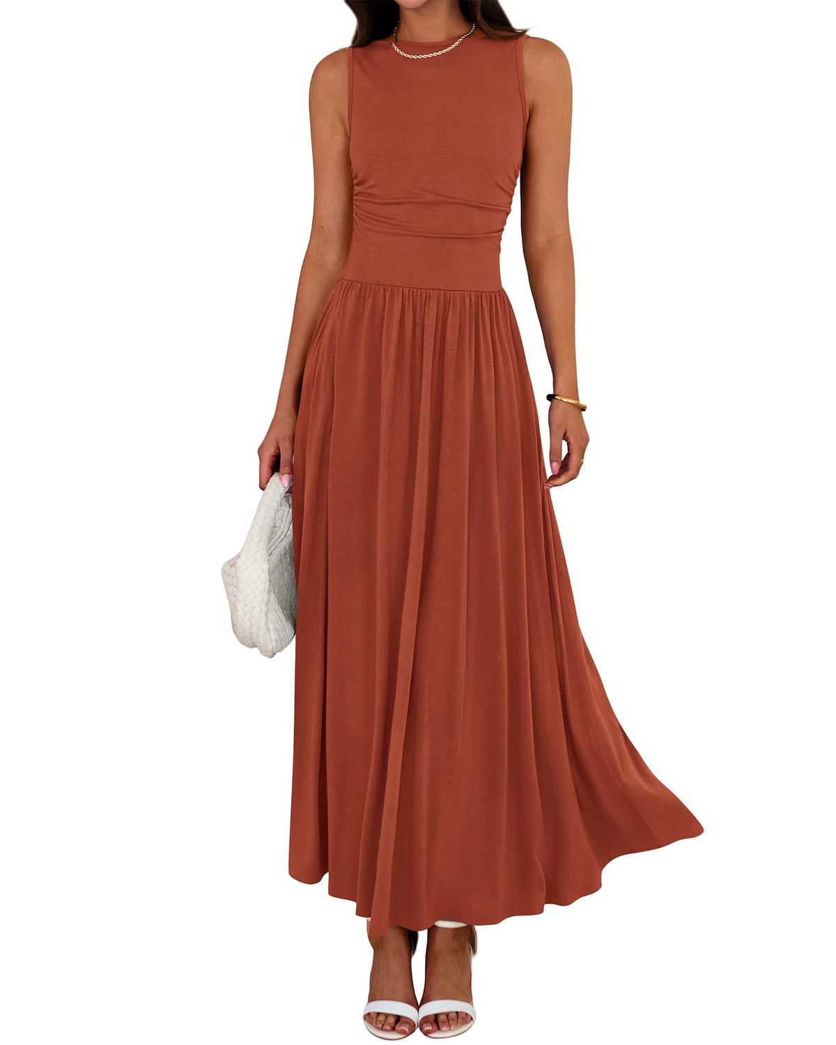 Limited time sale🔥Women's Solid Color Sleeveless Waist Pleated Design Dress with Pockets